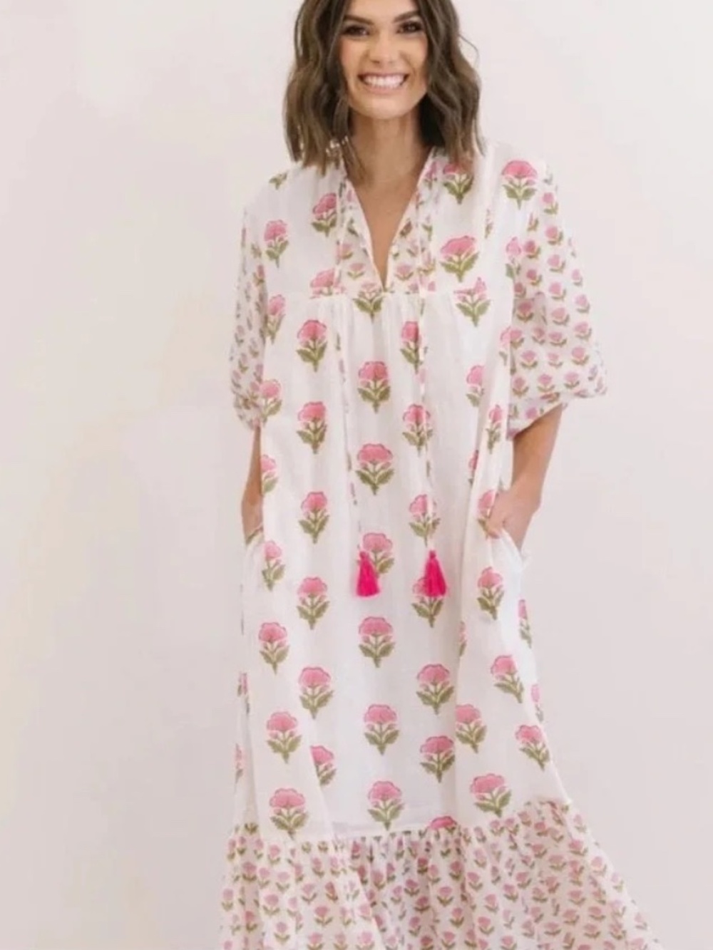 Sunshine Tienda Pink Marigold Copa Block Print Cotton Maxi Dress Size M/L